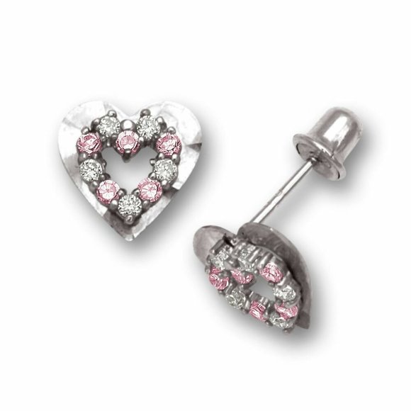 Solid 14k Yellow or White Gold Heart Shape Stud Earrings With Sparkling Stones